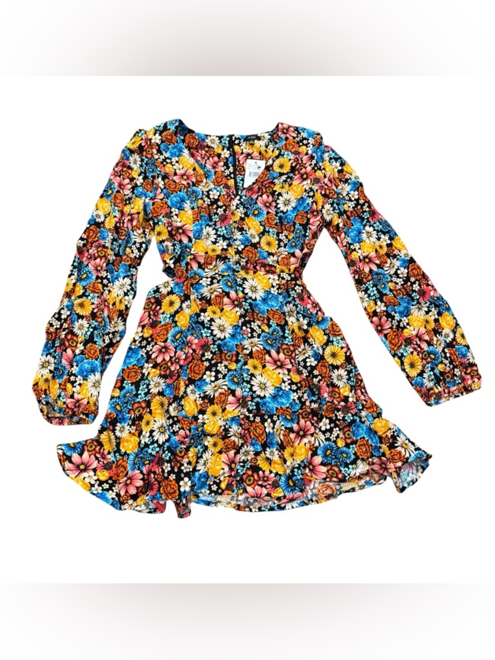 AFRM NWT Monna Multicolored Floral Cutout Long Sleeve Mini Dress Size L